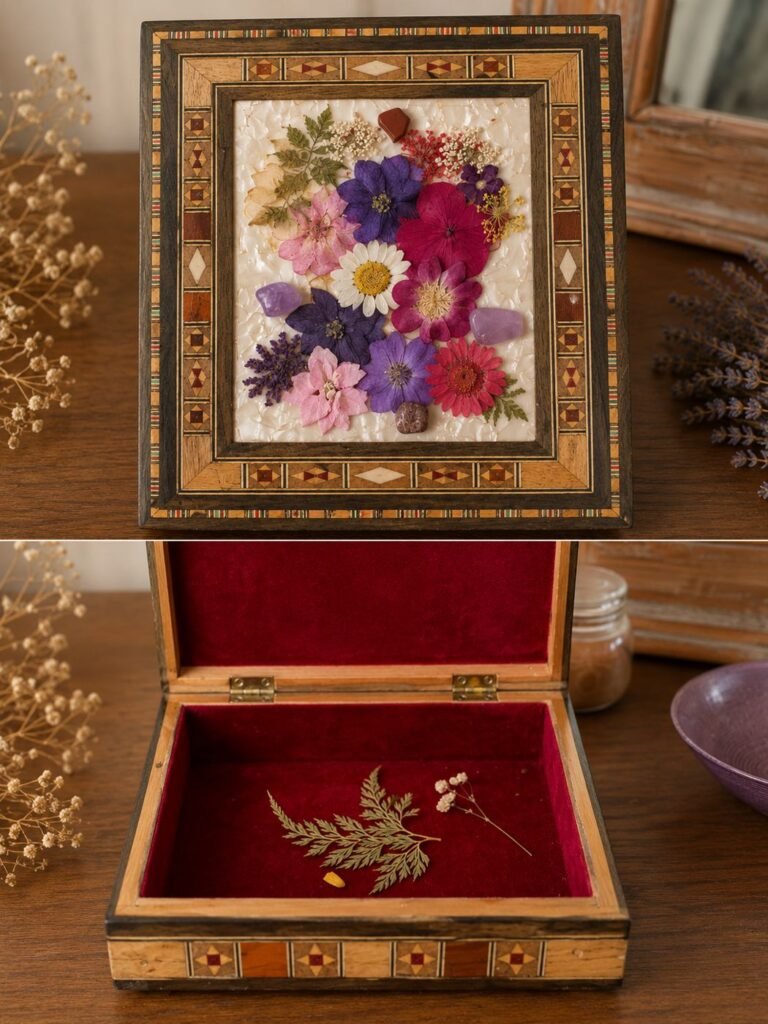 Boîte énergétique en bois marqueté ornée de fleurs naturelles